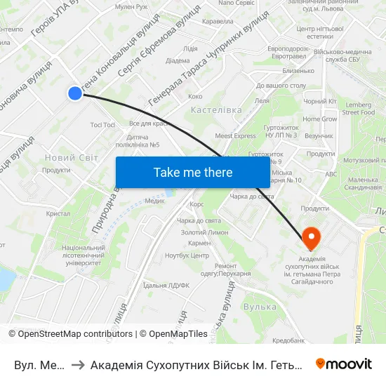 Вул. Мельника to Академія Сухопутних Військ Ім. Гетьмана Петра Сагайдачного map