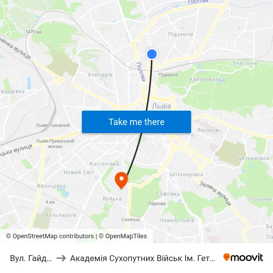 Вул. Гайдамацька to Академія Сухопутних Військ Ім. Гетьмана Петра Сагайдачного map