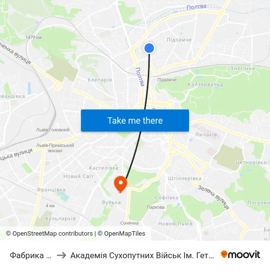 Фабрика "Динамо" to Академія Сухопутних Військ Ім. Гетьмана Петра Сагайдачного map