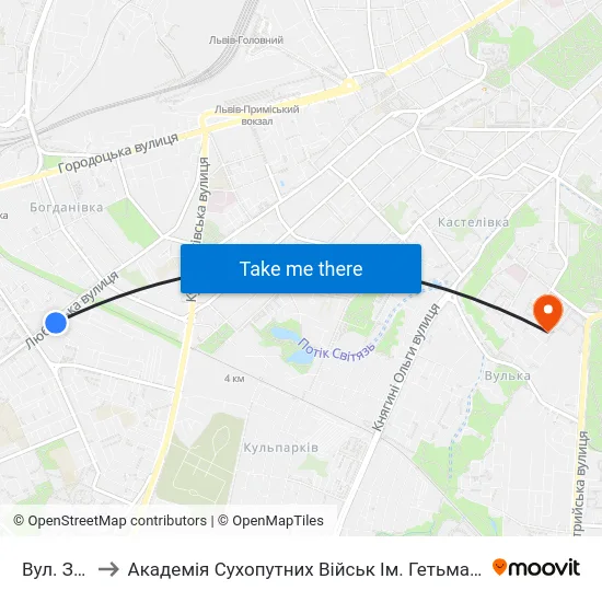 Вул. Зоряна to Академія Сухопутних Військ Ім. Гетьмана Петра Сагайдачного map