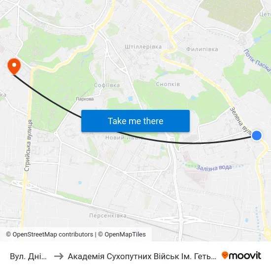 Вул. Дністерська to Академія Сухопутних Військ Ім. Гетьмана Петра Сагайдачного map