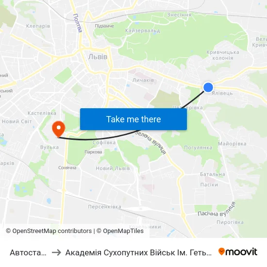 Автостанція №6 to Академія Сухопутних Військ Ім. Гетьмана Петра Сагайдачного map