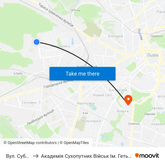 Вул. Суботівська to Академія Сухопутних Військ Ім. Гетьмана Петра Сагайдачного map