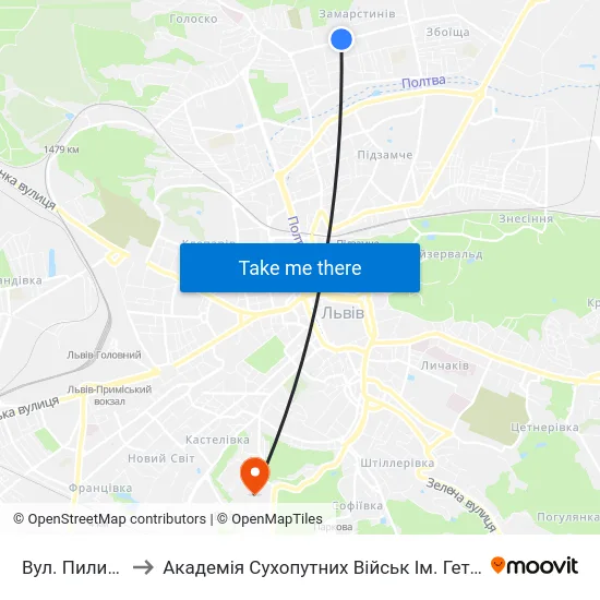 Вул. Пилипа Орлика to Академія Сухопутних Військ Ім. Гетьмана Петра Сагайдачного map