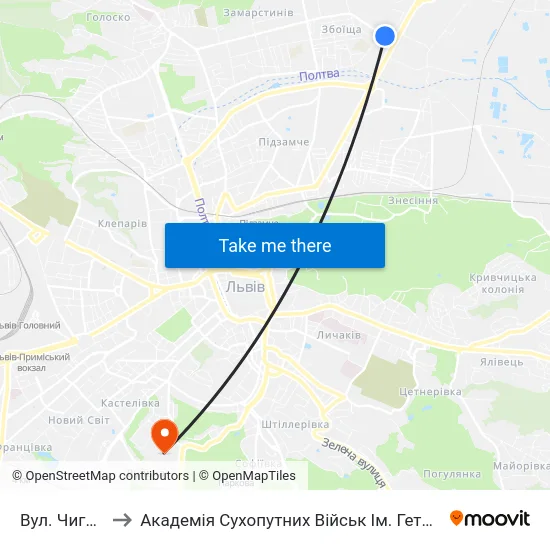 Вул. Чигиринська to Академія Сухопутних Військ Ім. Гетьмана Петра Сагайдачного map