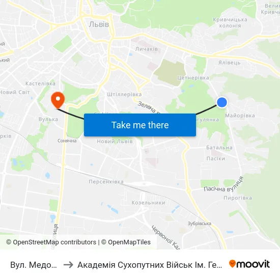 Вул. Медової Печери to Академія Сухопутних Військ Ім. Гетьмана Петра Сагайдачного map