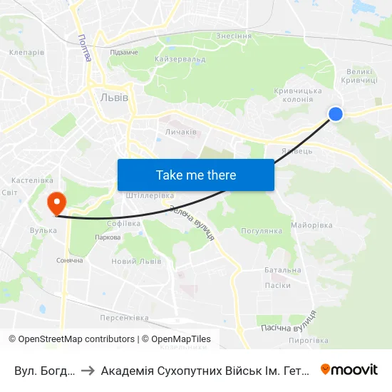 Вул. Богданівська to Академія Сухопутних Військ Ім. Гетьмана Петра Сагайдачного map