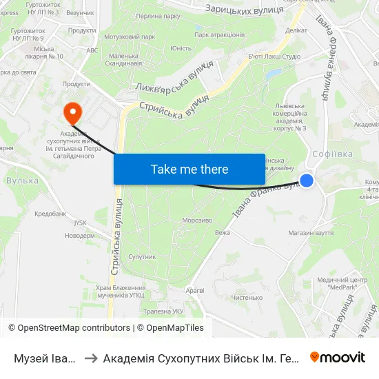 Музей Івана Франка to Академія Сухопутних Військ Ім. Гетьмана Петра Сагайдачного map