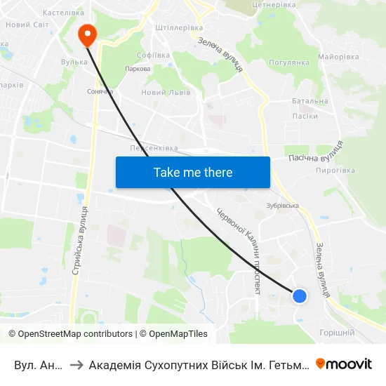 Вул. Антонича to Академія Сухопутних Військ Ім. Гетьмана Петра Сагайдачного map
