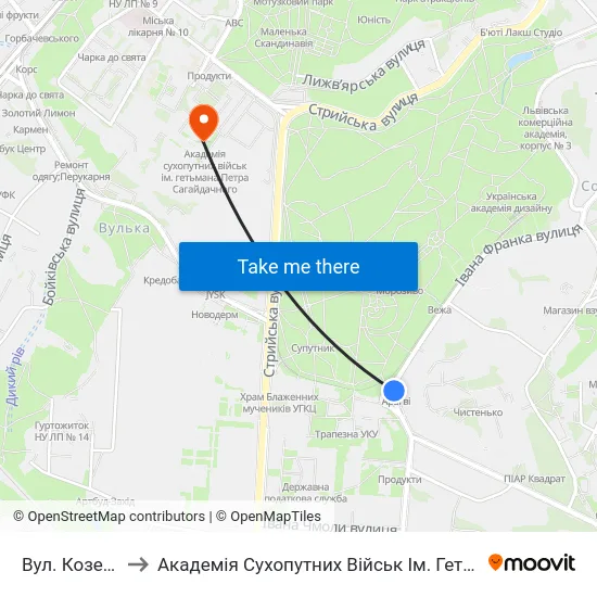 Вул. Козельницька to Академія Сухопутних Військ Ім. Гетьмана Петра Сагайдачного map
