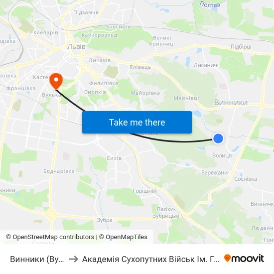 Винники (Вул. Козацька) to Академія Сухопутних Військ Ім. Гетьмана Петра Сагайдачного map