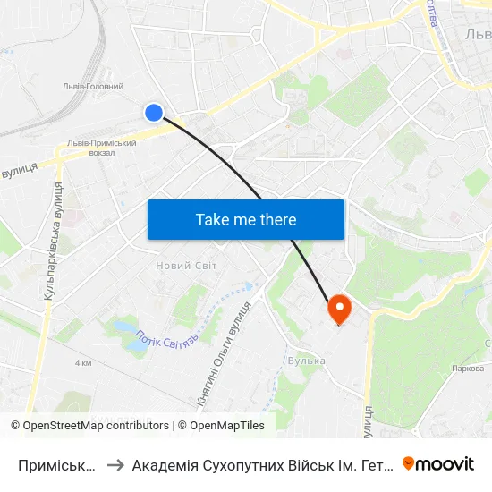 Приміський Вокзал to Академія Сухопутних Військ Ім. Гетьмана Петра Сагайдачного map