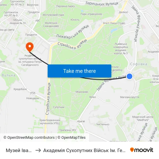 Музей Івана Франка to Академія Сухопутних Військ Ім. Гетьмана Петра Сагайдачного map