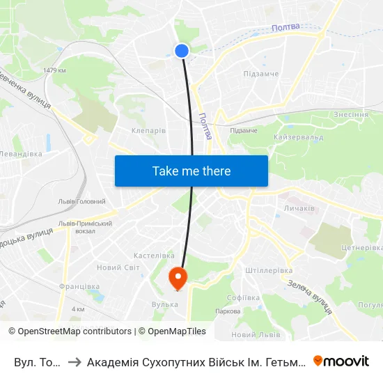 Вул. Торф'Яна to Академія Сухопутних Військ Ім. Гетьмана Петра Сагайдачного map