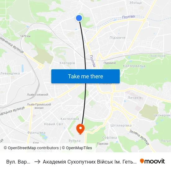 Вул. Варшавська to Академія Сухопутних Військ Ім. Гетьмана Петра Сагайдачного map