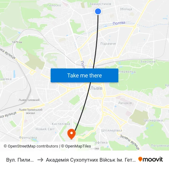 Вул. Пилипа Орлика to Академія Сухопутних Військ Ім. Гетьмана Петра Сагайдачного map