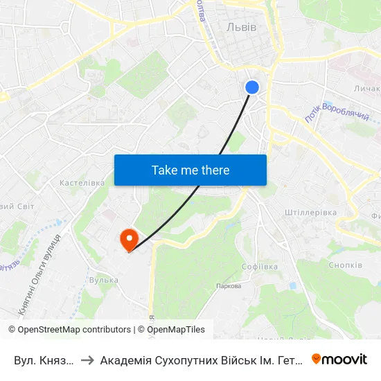 Вул. Князя Романа to Академія Сухопутних Військ Ім. Гетьмана Петра Сагайдачного map