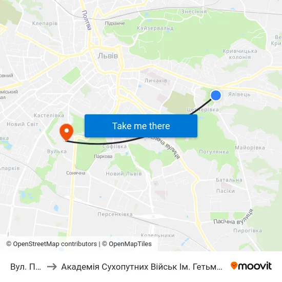 Вул. Пасічна to Академія Сухопутних Військ Ім. Гетьмана Петра Сагайдачного map