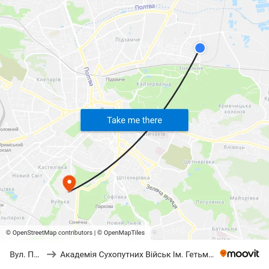 Вул. Польова to Академія Сухопутних Військ Ім. Гетьмана Петра Сагайдачного map
