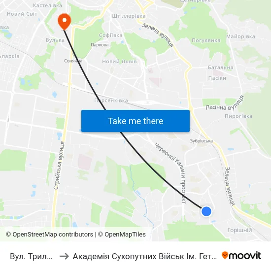 Вул. Трильовського to Академія Сухопутних Військ Ім. Гетьмана Петра Сагайдачного map