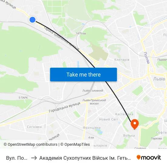 Вул. Порічкова to Академія Сухопутних Військ Ім. Гетьмана Петра Сагайдачного map