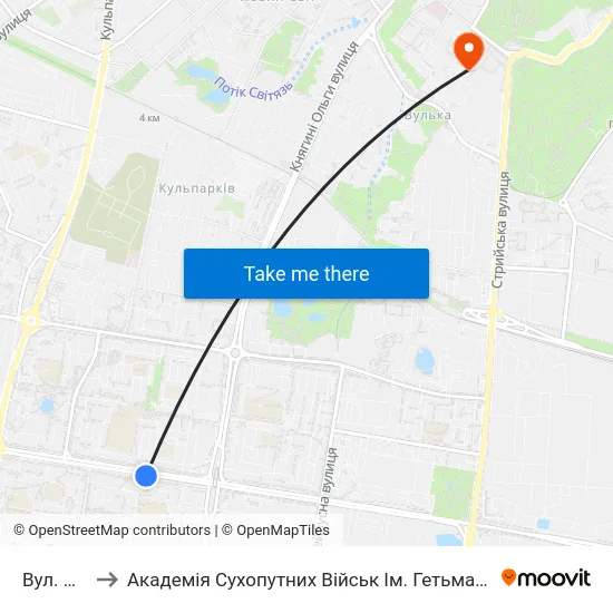 Вул. Пулюя to Академія Сухопутних Військ Ім. Гетьмана Петра Сагайдачного map