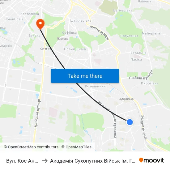 Вул. Кос-Анатольського to Академія Сухопутних Військ Ім. Гетьмана Петра Сагайдачного map