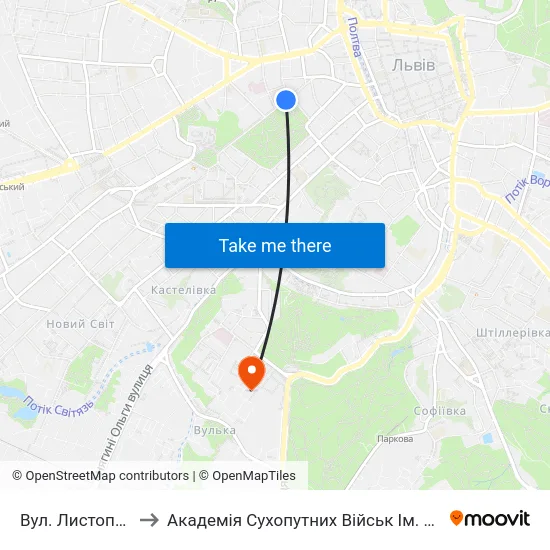 Вул. Листопадового Чину to Академія Сухопутних Військ Ім. Гетьмана Петра Сагайдачного map