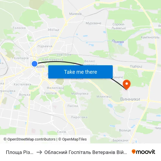Площа Різні to Обласний Госпіталь Ветеранів Війни map