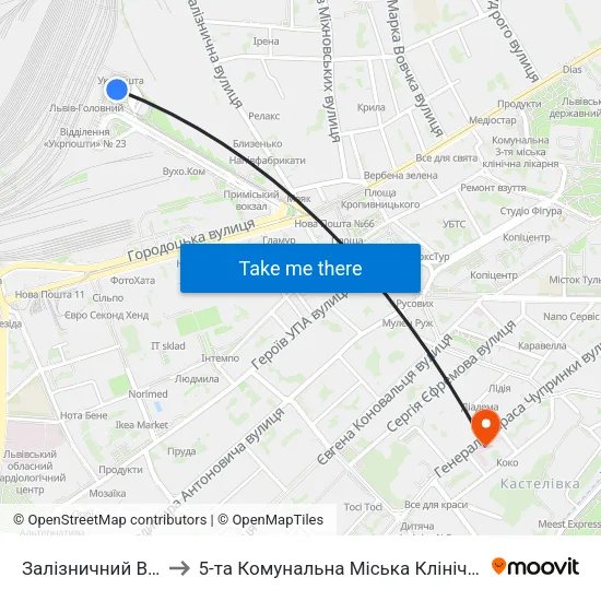 Залізничний Вокзал to 5-та Комунальна Міська Клінічна Лікарня map