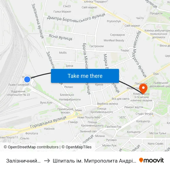 Залізничний Вокзал to Шпиталь ім. Митрополита Андрія Шептицького map