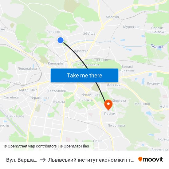 Вул. Варшавська to Львівський інститут економіки і туризму (ЛІЕТ) map