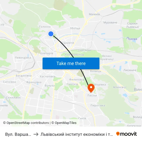 Вул. Варшавська to Львівський інститут економіки і туризму (ЛІЕТ) map