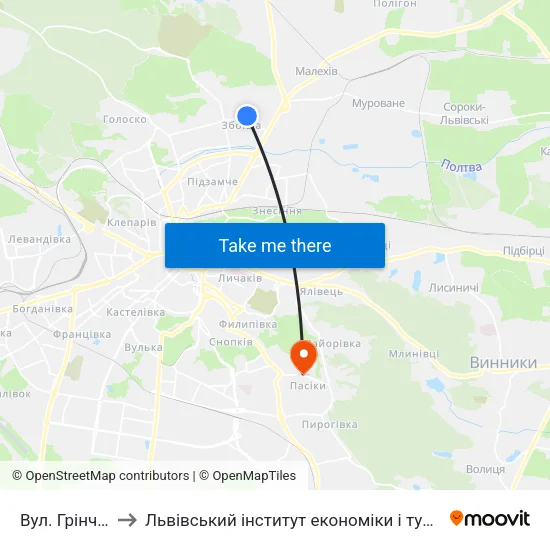 Вул. Грінченка to Львівський інститут економіки і туризму (ЛІЕТ) map