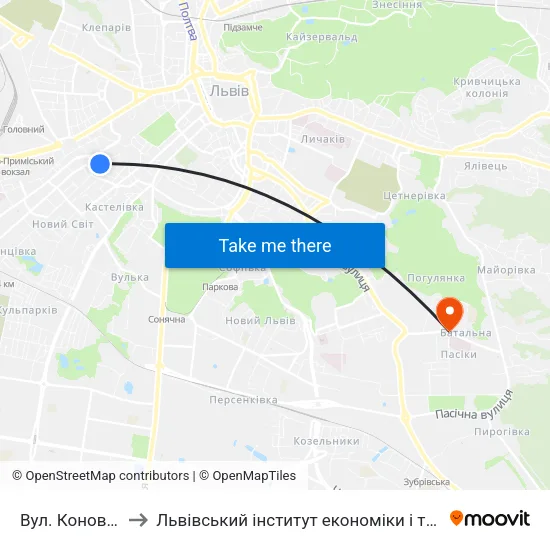Вул. Коновальця to Львівський інститут економіки і туризму (ЛІЕТ) map