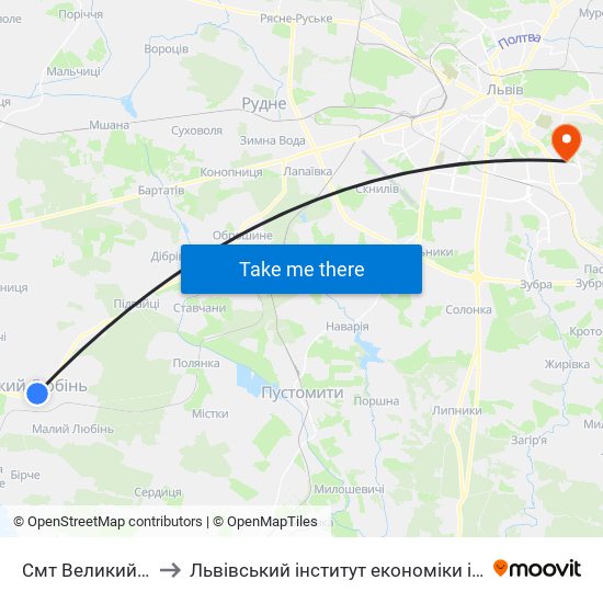 Смт Великий Любінь to Львівський інститут економіки і туризму (ЛІЕТ) map