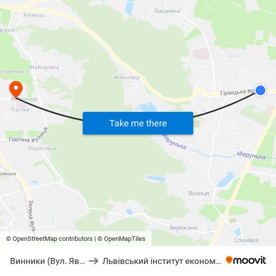 Винники (Вул. Яворницького) to Львівський інститут економіки і туризму (ЛІЕТ) map