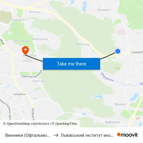Винники (Офтальмологічна Поліклініка) to Львівський інститут економіки і туризму (ЛІЕТ) map