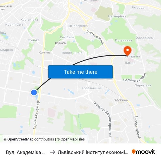 Вул. Академіка Підстригача to Львівський інститут економіки і туризму (ЛІЕТ) map