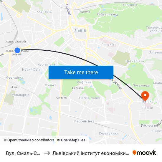 Вул. Смаль-Стоцького to Львівський інститут економіки і туризму (ЛІЕТ) map
