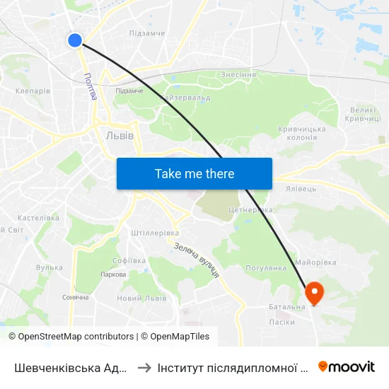 Шевченківська Адміністрація to Інститут післядипломної освіти КНУБА map