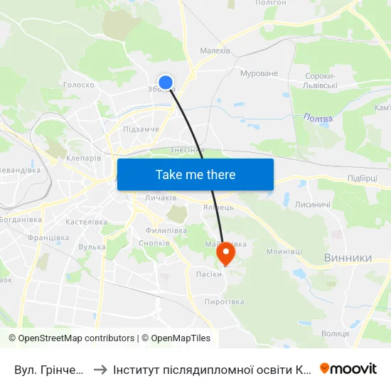 Вул. Грінченка to Інститут післядипломної освіти КНУБА map