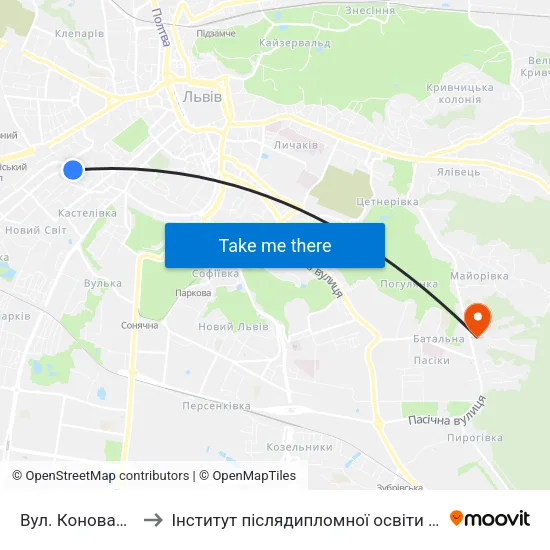 Вул. Коновальця to Інститут післядипломної освіти КНУБА map