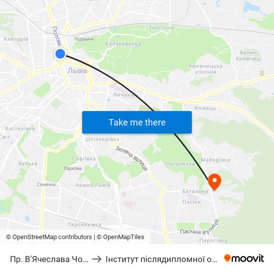 Пр. В'Ячеслава Чорновола to Інститут післядипломної освіти КНУБА map