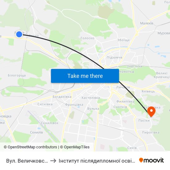 Вул. Величковського to Інститут післядипломної освіти КНУБА map