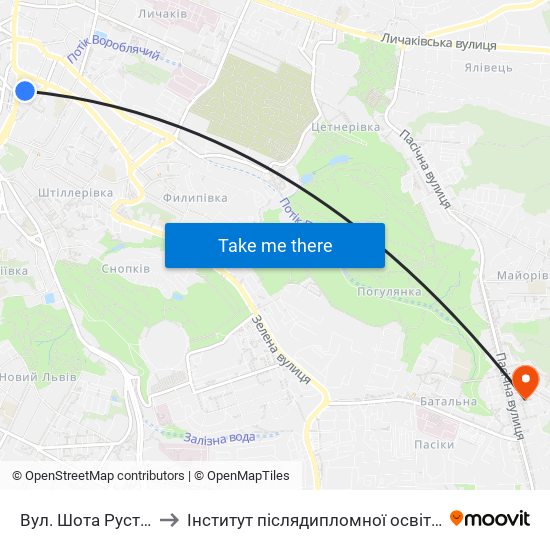 Вул. Шота Руставелі to Інститут післядипломної освіти КНУБА map