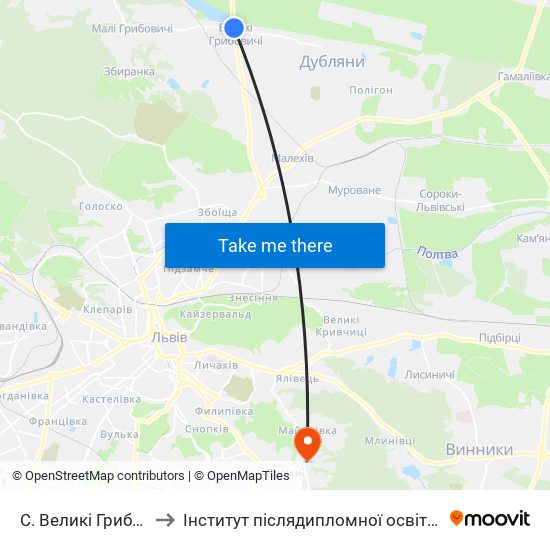 С. Великі Грибовичі to Інститут післядипломної освіти КНУБА map