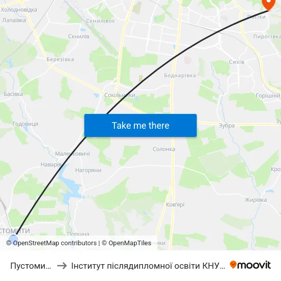 Пустомити to Інститут післядипломної освіти КНУБА map