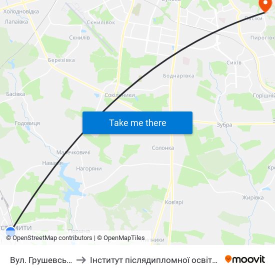 Вул. Грушевського to Інститут післядипломної освіти КНУБА map