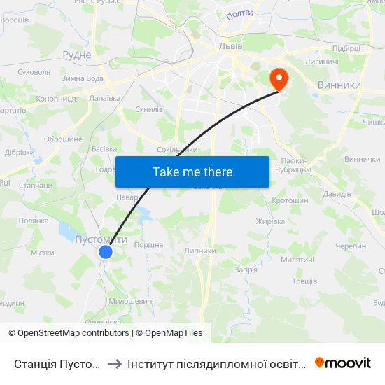 Станція Пустомити to Інститут післядипломної освіти КНУБА map